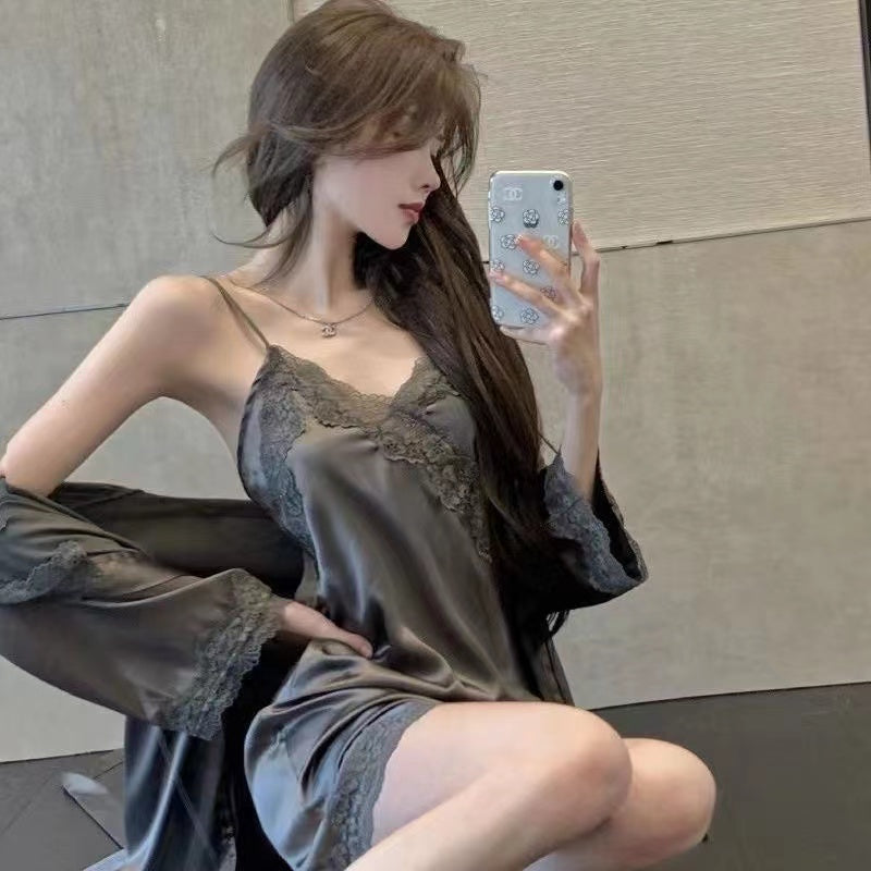 Lace Ice-Cool Sensation Silk Nightgown Homewear Set for Autumn, Thin Seductive and Charming Camisole Sleepwear Dress, Two-Piece Set