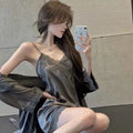 Lace Ice-Cool Sensation Silk Nightgown Homewear Set for Autumn, Thin Seductive and Charming Camisole Sleepwear Dress, Two-Piece Set