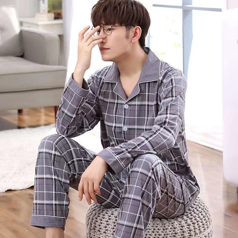 Men's Cotton Long Sleeve Pajamas, Suitable for Middle-aged and Youth in Spring, Autumn, Winter, and Summer, Thin Large Size Pajama Set