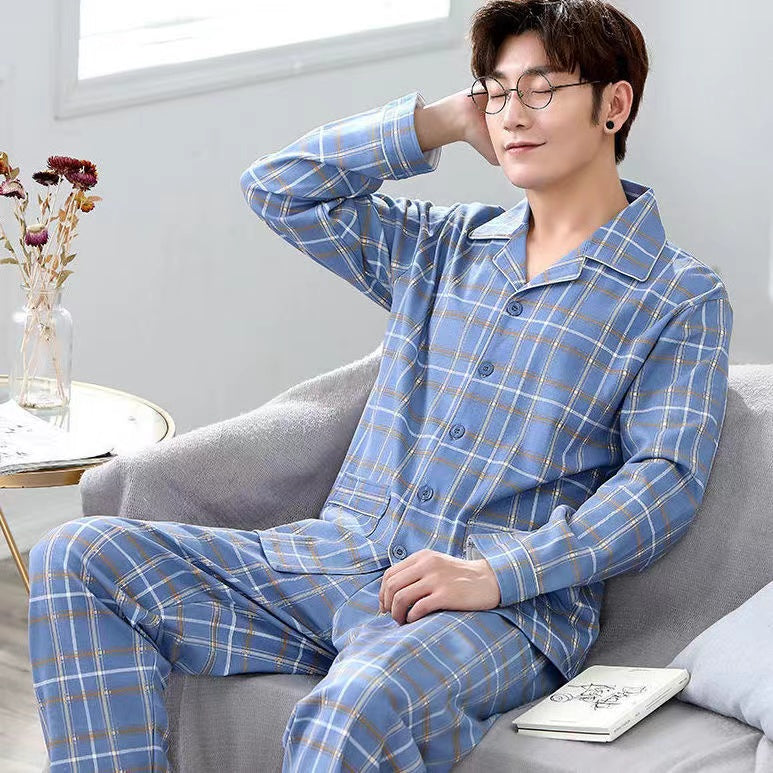 Men's Cotton Long Sleeve Pajamas, Suitable for Middle-aged and Youth in Spring, Autumn, Winter, and Summer, Thin Large Size Pajama Set