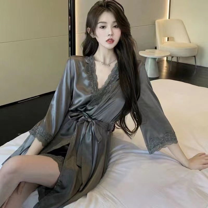 Lace Ice-Cool Sensation Silk Nightgown Homewear Set for Autumn, Thin Seductive and Charming Camisole Sleepwear Dress, Two-Piece Set