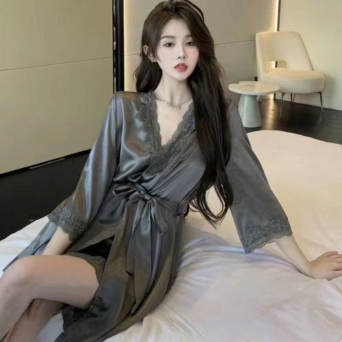 Lace Ice-Cool Sensation Silk Nightgown Homewear Set for Autumn, Thin Seductive and Charming Camisole Sleepwear Dress, Two-Piece Set