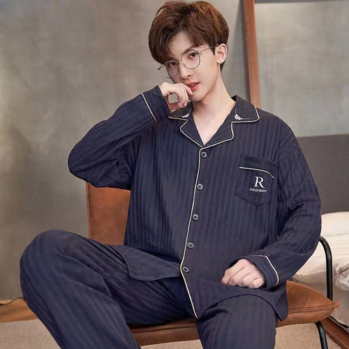 Men's Cotton Long Sleeve Pajamas, Suitable for Middle-aged and Youth in Spring