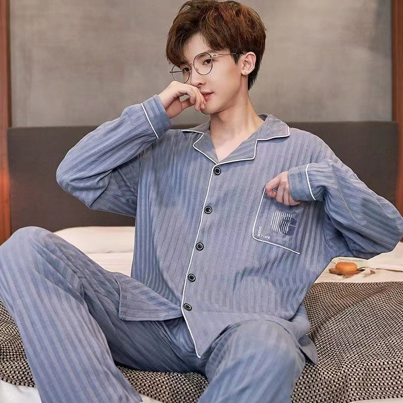 Men's Cotton Long Sleeve Pajamas, Suitable for Middle-aged and Youth in Spring