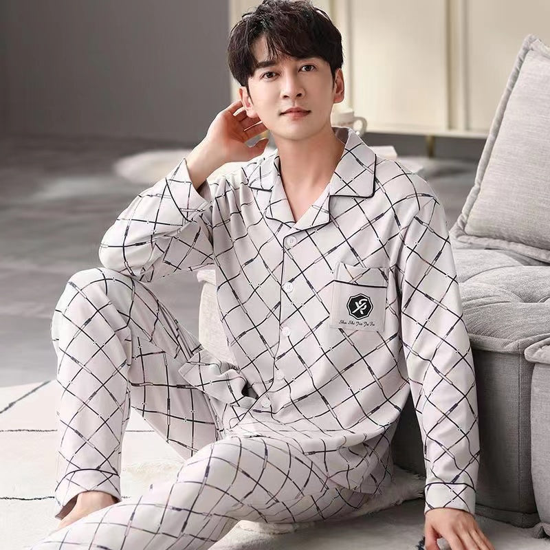 Men's Cotton Long Sleeve Pajamas, Suitable for Middle-aged and Youth in Spring