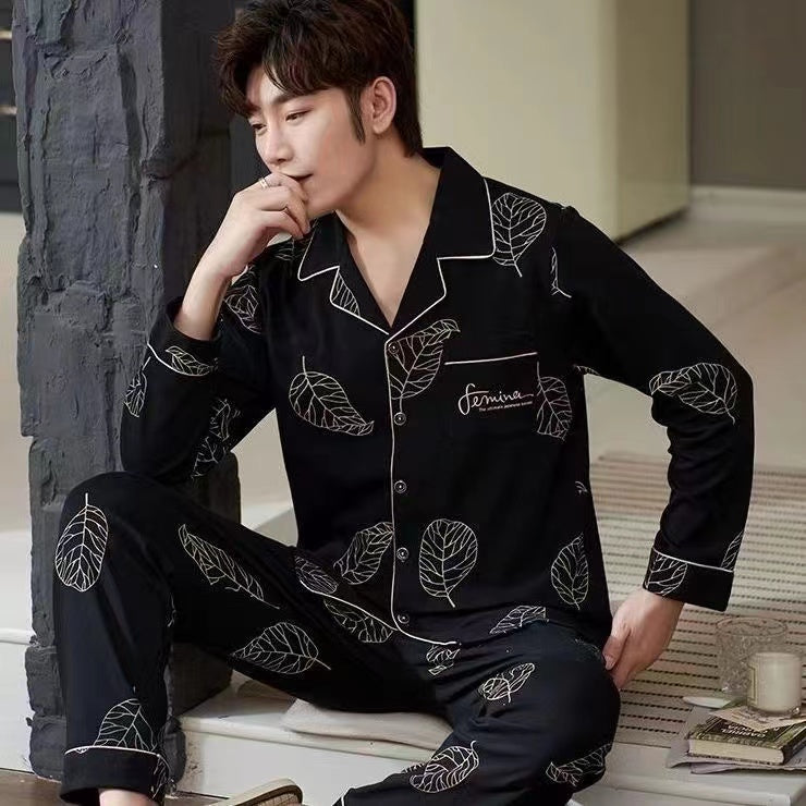 Men's Cotton Long Sleeve Pajamas, Suitable for Middle-aged and Youth in Spring