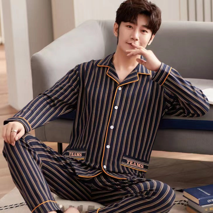 Men's Cotton Long Sleeve Pajamas, Suitable for Middle-aged and Youth in Spring