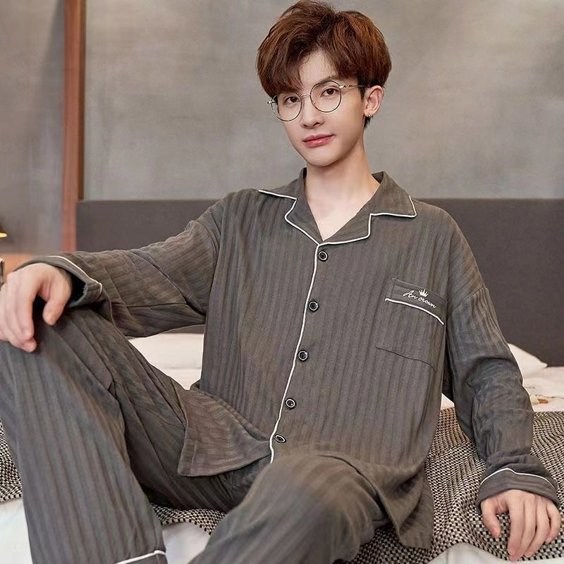 Men's Cotton Long Sleeve Pajamas, Suitable for Middle-aged and Youth in Spring