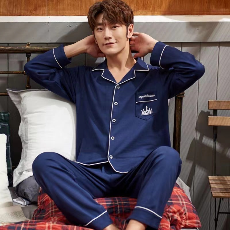 Men's Cotton Long Sleeve Pajamas, Suitable for Middle-aged and Youth in Spring, Autumn, Winter, and Summer, Thin Large Size Pajama Set