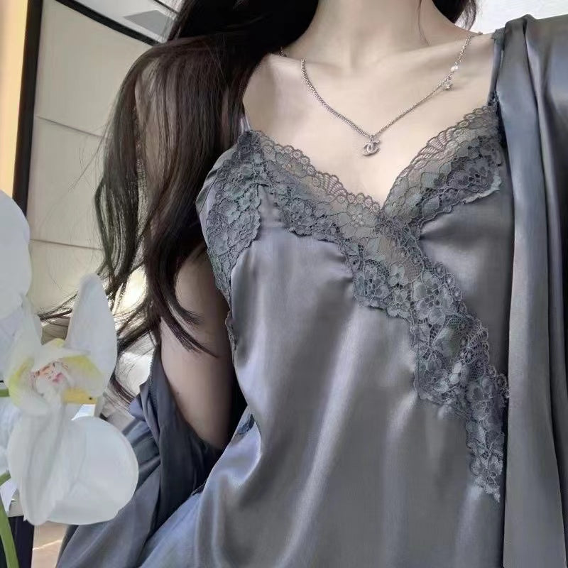 Lace Ice-Cool Sensation Silk Nightgown Homewear Set for Autumn, Thin Seductive and Charming Camisole Sleepwear Dress, Two-Piece Set