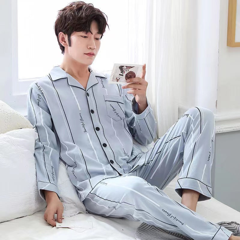 Men's Cotton Long Sleeve Pajamas, Suitable for Middle-aged and Youth in Spring, Autumn, Winter, and Summer, Thin Large Size Pajama Set