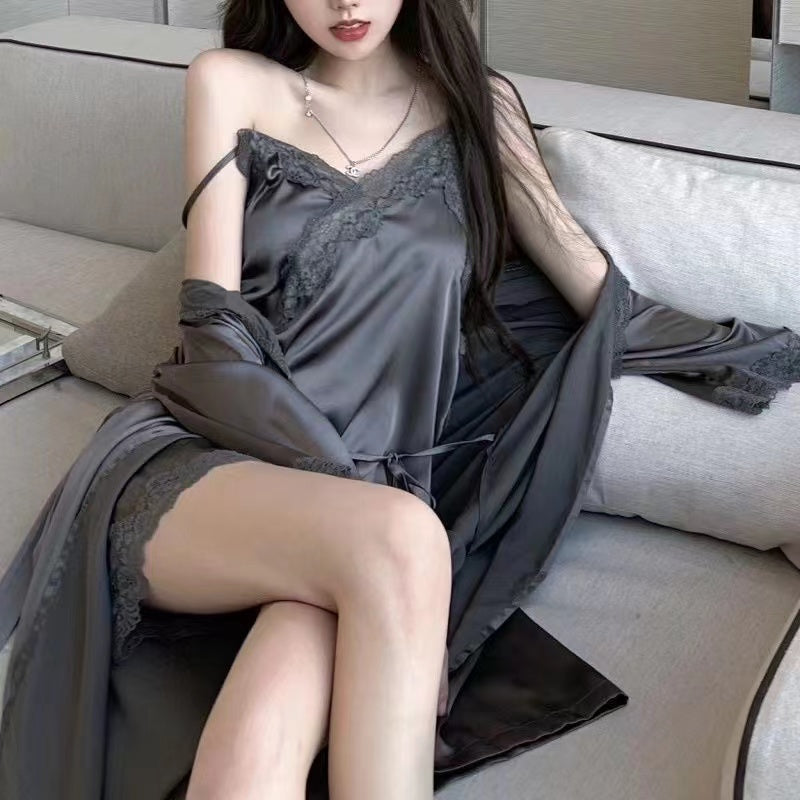 Lace Ice-Cool Sensation Silk Nightgown Homewear Set for Autumn, Thin Seductive and Charming Camisole Sleepwear Dress, Two-Piece Set