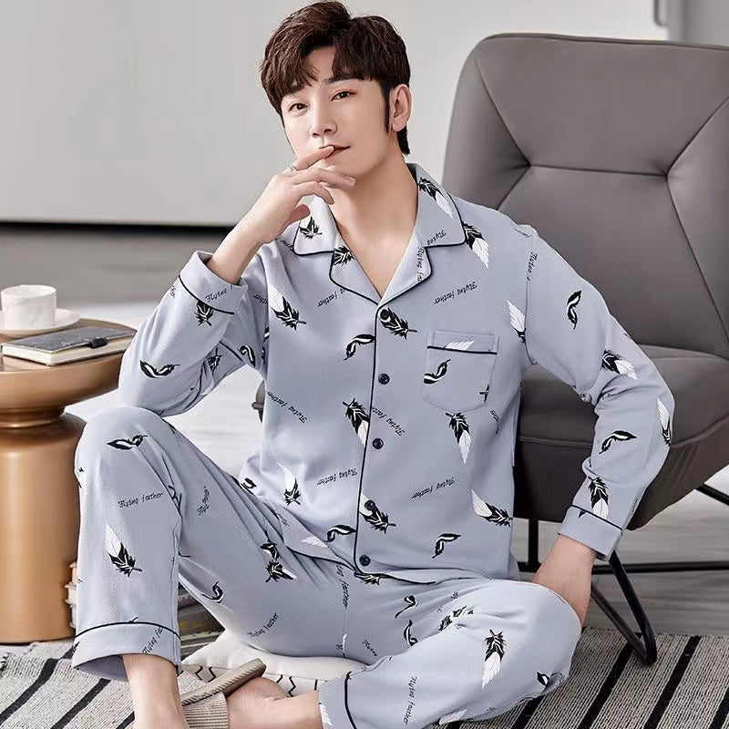 Men's Cotton Long Sleeve Pajamas, Suitable for Middle-aged and Youth in Spring, Autumn, Winter, and Summer, Thin Large Size Pajama Set