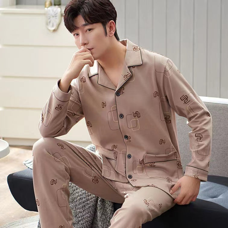 Men's Cotton Long Sleeve Pajamas, Suitable for Middle-aged and Youth in Spring, Autumn, Winter, and Summer, Thin Large Size Pajama Set