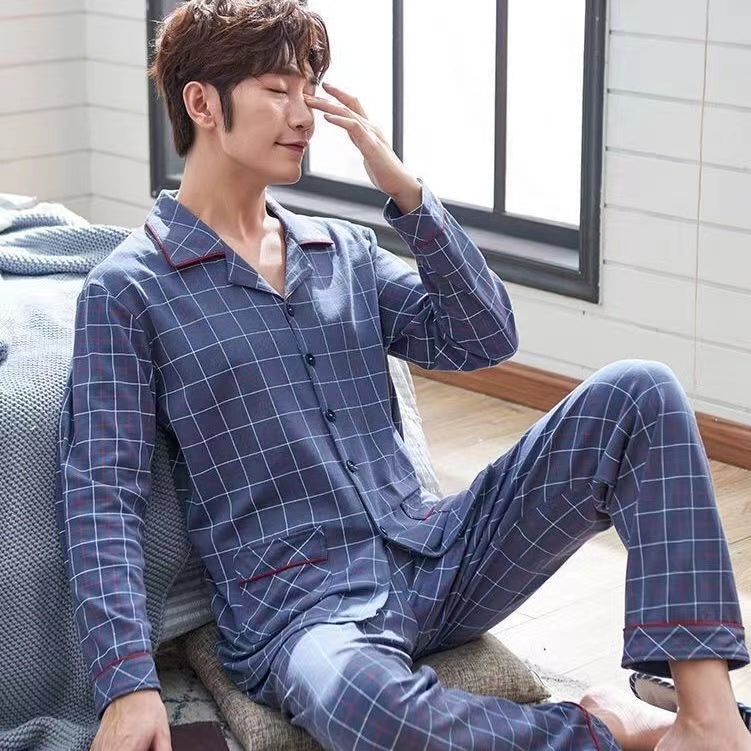 Men's Cotton Long Sleeve Pajamas, Suitable for Middle-aged and Youth in Spring, Autumn, Winter, and Summer, Thin Large Size Pajama Set