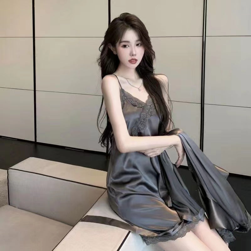 Lace Ice-Cool Sensation Silk Nightgown Homewear Set for Autumn, Thin Seductive and Charming Camisole Sleepwear Dress, Two-Piece Set