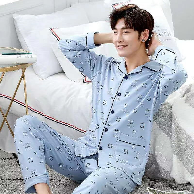 Men's Cotton Long Sleeve Pajamas, Suitable for Middle-aged and Youth in Spring, Autumn, Winter, and Summer, Thin Large Size Pajama Set