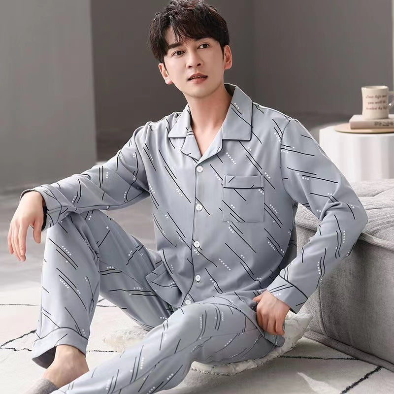 Men's Cotton Long Sleeve Pajamas, Suitable for Middle-aged and Youth in Spring, Autumn, Winter, and Summer, Thin Large Size Pajama Set