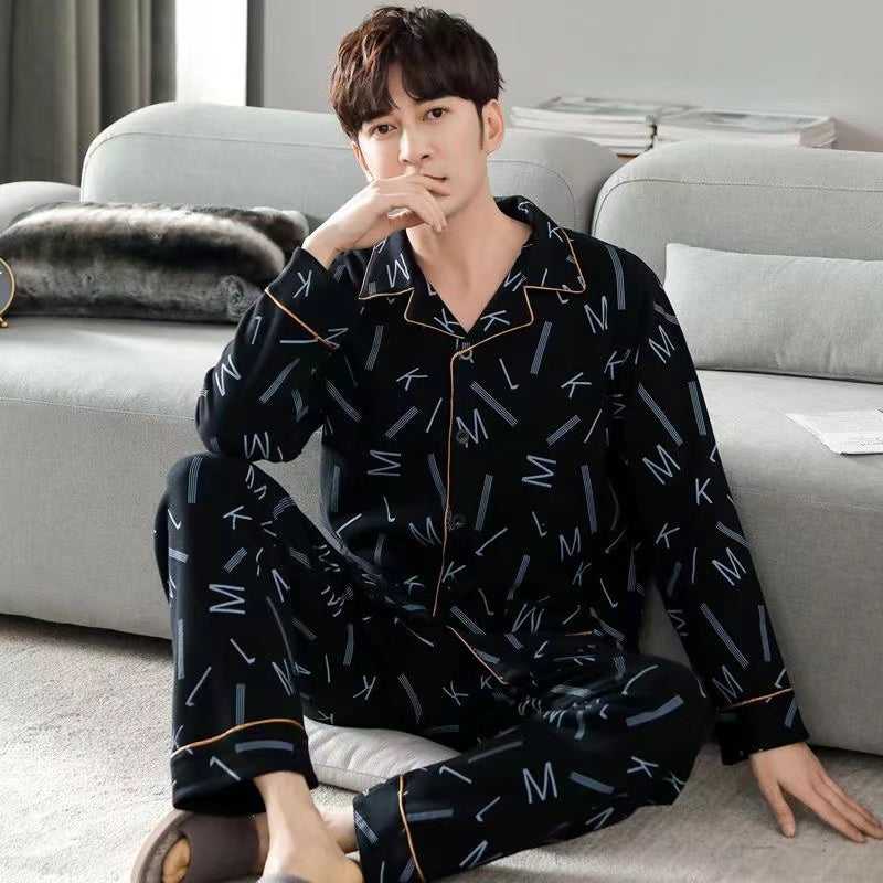 Men's Cotton Long Sleeve Pajamas, Suitable for Middle-aged and Youth in Spring, Autumn, Winter, and Summer, Thin Large Size Pajama Set